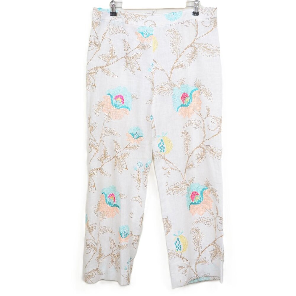 Paperwhite Floral Embroidered Linen Pants Size 12 Beachy Resort Vacation Trouser
